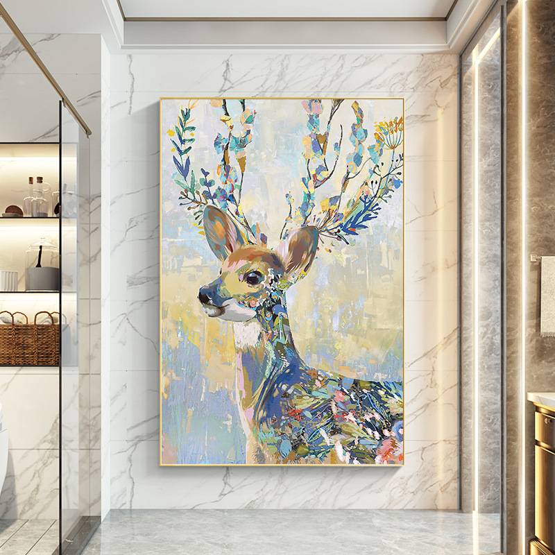 大芬村手绘梅花鹿油画吉祥动物现代客厅装饰挂画入户玄关走廊竖版图片
