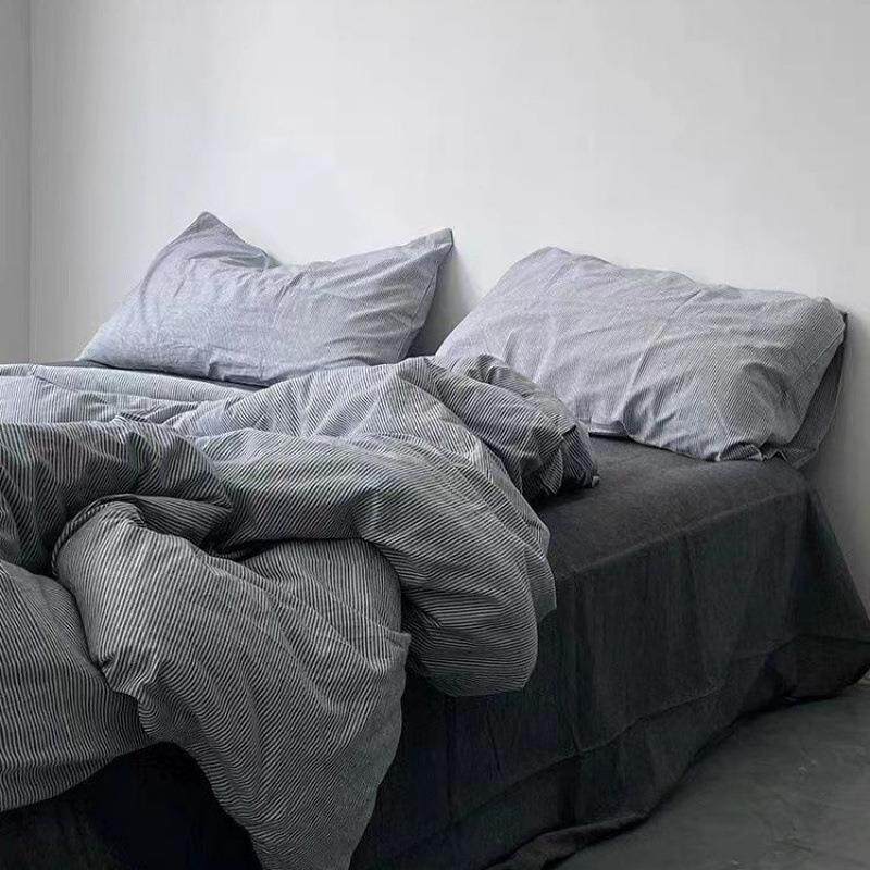 简约日式条细纹纯全棉水洗棉夏凉被三件套棉机薄洗夏季被芯四NYA