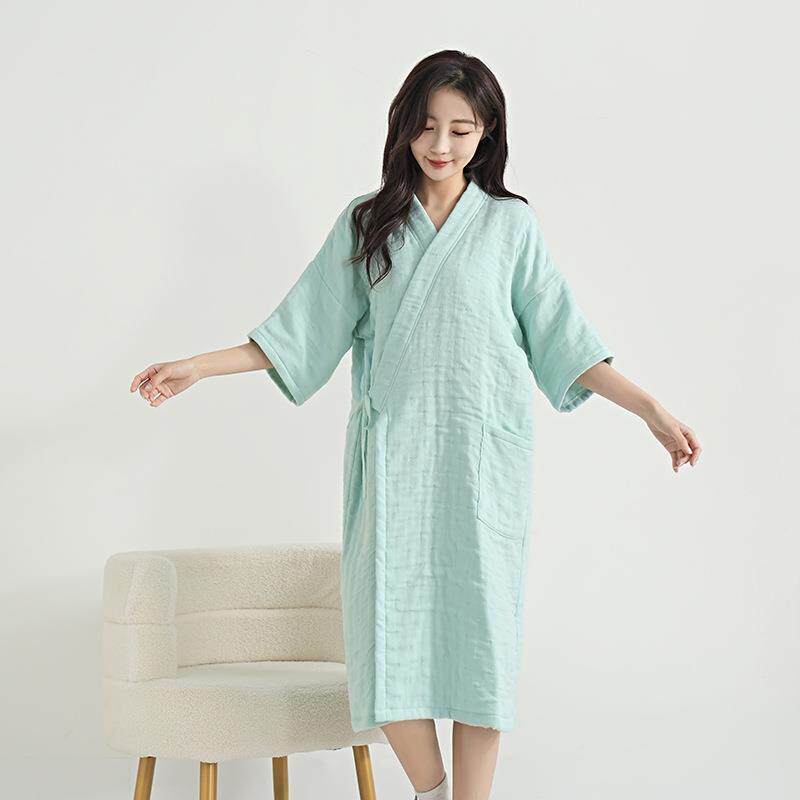 成人浴袍A四层布短袖浴袍家类居浴室透100棉中性纯棉可外穿短纱袖