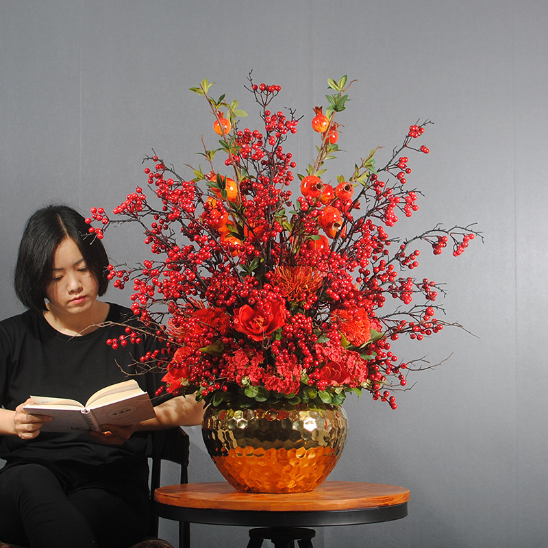 发财果红色花艺 假花仿真花客厅大束浆果 防真花红果装饰花大摆件