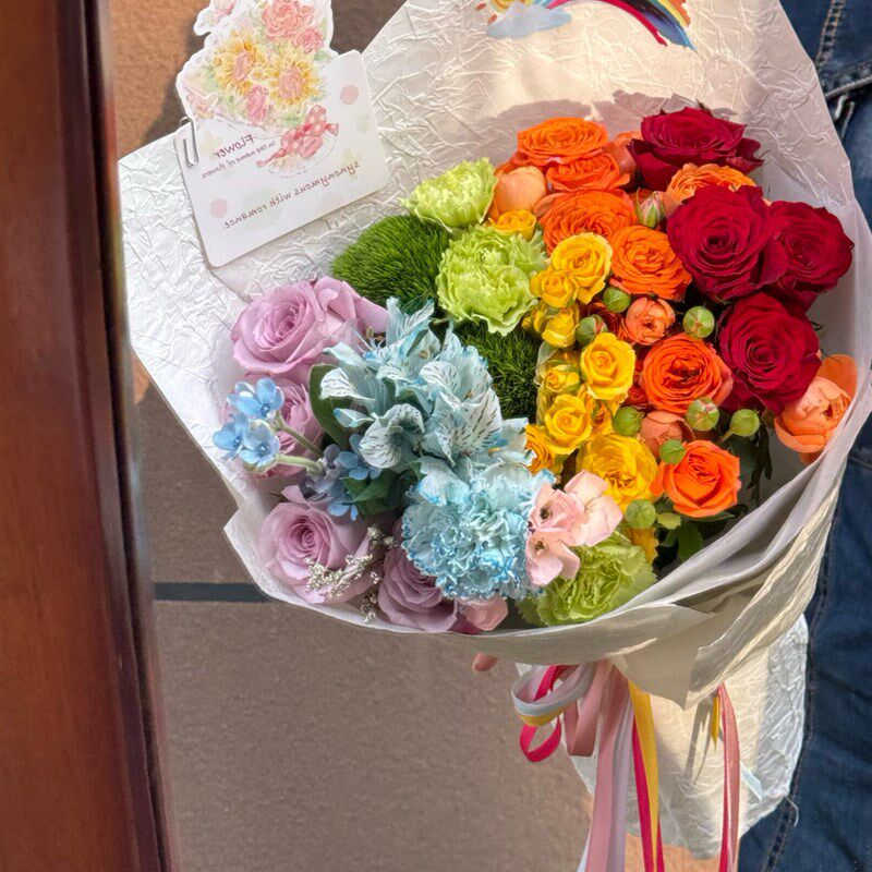 椿母亲节生日礼物鲜花彩虹花束好运玫瑰送女友闺蜜多巴胺混搭