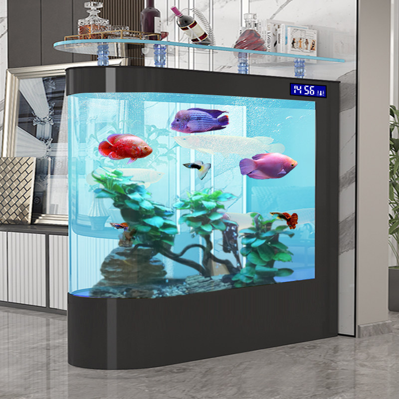子弹头鱼缸弧型客厅隔断屏风鱼缸1.2米大型小型落地水族箱免换水