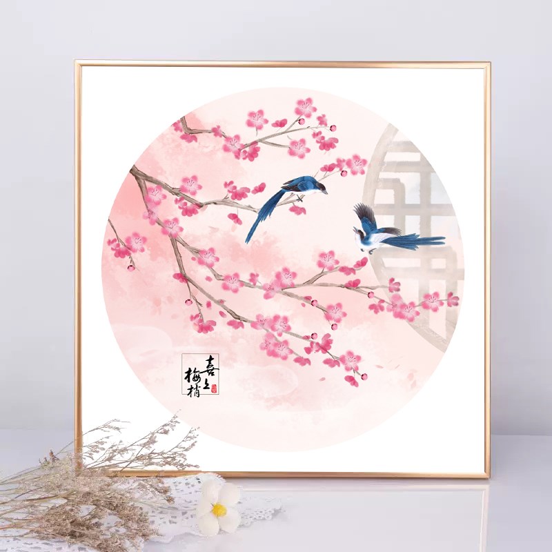 梅花装饰画 喜上眉梢挂画 喜鹊报喜图新中式国风餐厅高档壁画登梅