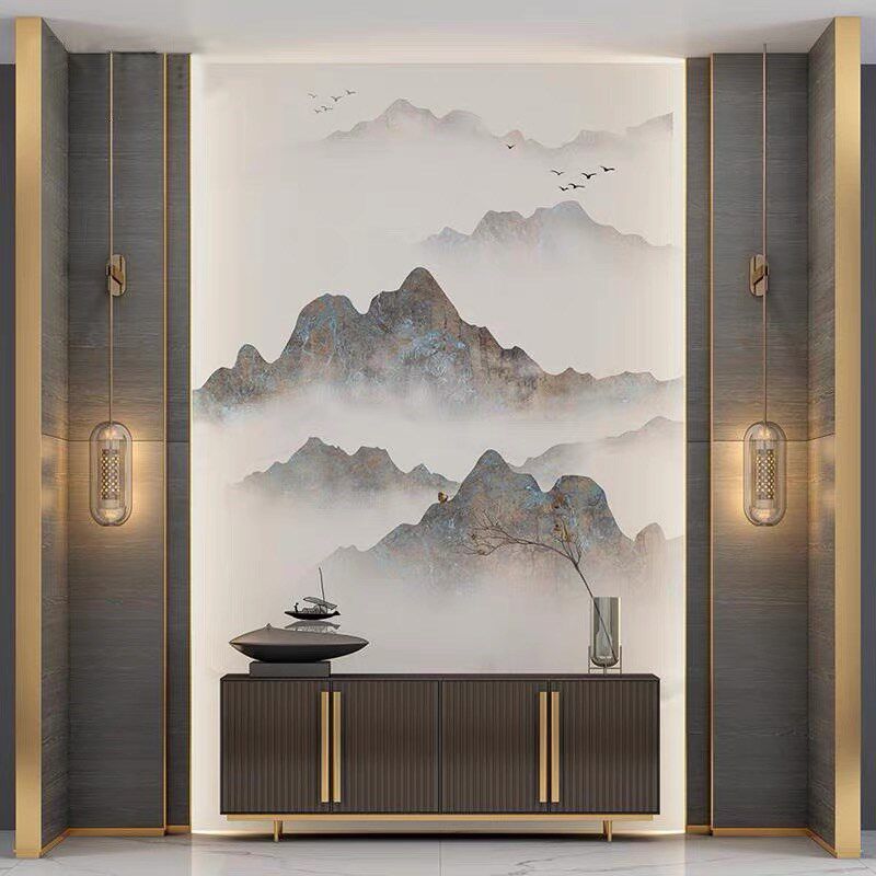 岩板玄关背景墙入户墙瓷砖微晶石大理石过道石材壁画新中式山水画