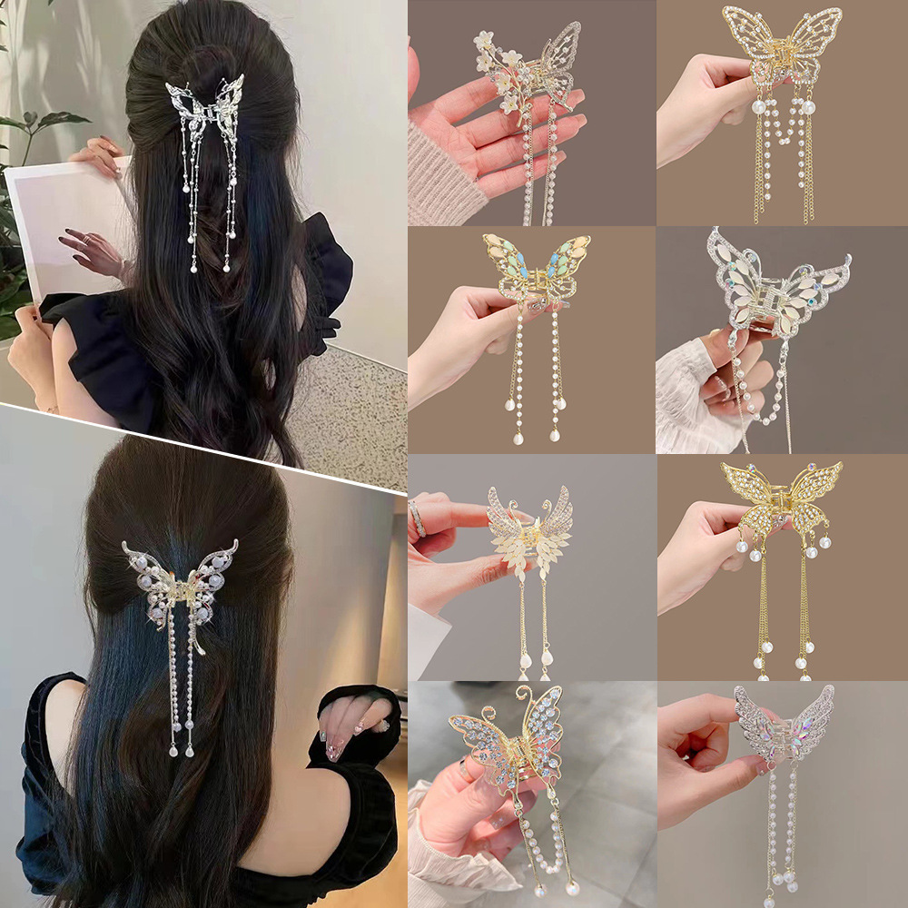 合金蝴蝶发夹韩版高级感精致珍珠流苏发饰半扎发抓夹女头饰批发