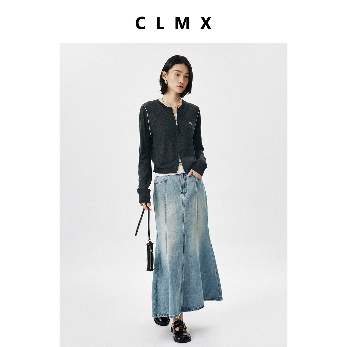 CLMX云柔垂坠感18针羊毛面料 时髦造型感双拉链假两件针织衫