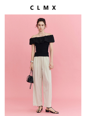 CLMX纯色简约花边领上衣莱赛尔氨纶混纺面料一字领T恤女