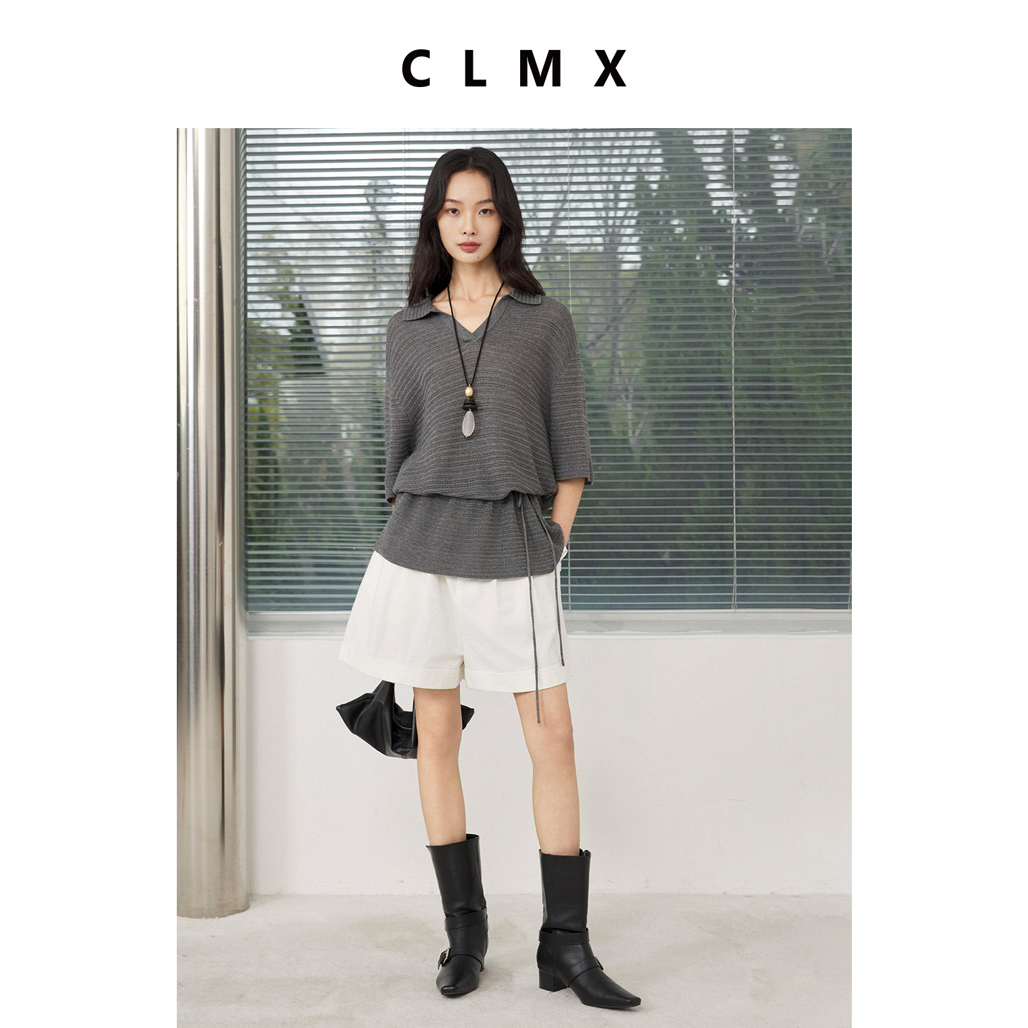 CLMX莱赛尔亚麻抽绳造型感针织衫女春季镂空V领宽松翻领气质上衣
