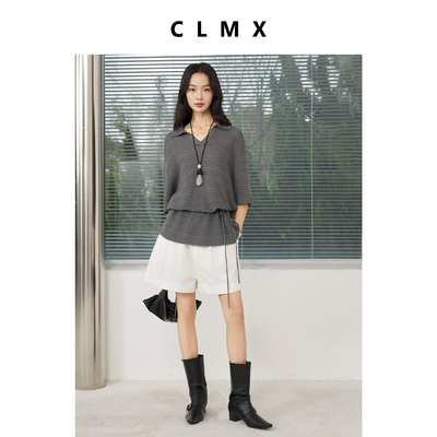 CLMX莱赛尔亚麻抽绳造型感针织衫女春季镂空V领宽松翻领气质上衣