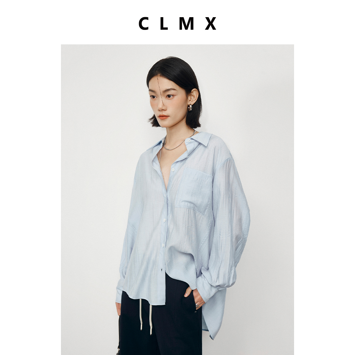 CLMX自然时装感水洗缩皱衬衫面料 浅春系造型感收腰扣袢廓形衬衫
