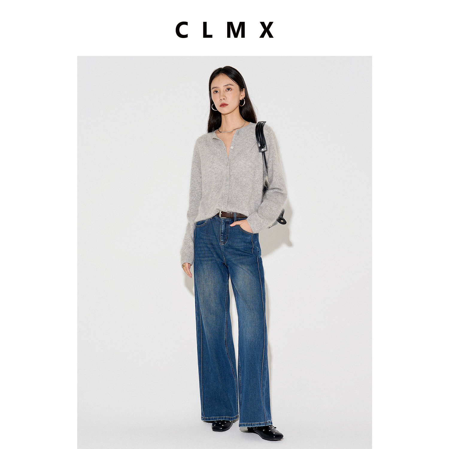 CLMX复古撞色线直筒牛仔裤柔软四面弹斜纹牛仔面料秋冬通勤裤子女