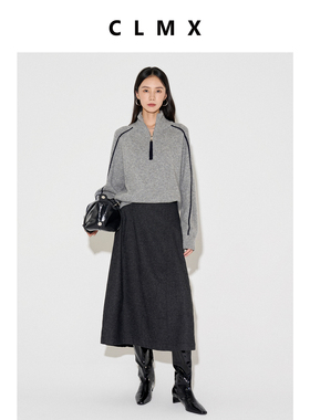 CLMX休闲立领半开襟长袖撞色线针织衫细腻绒感100%绵羊毛纱线上衣