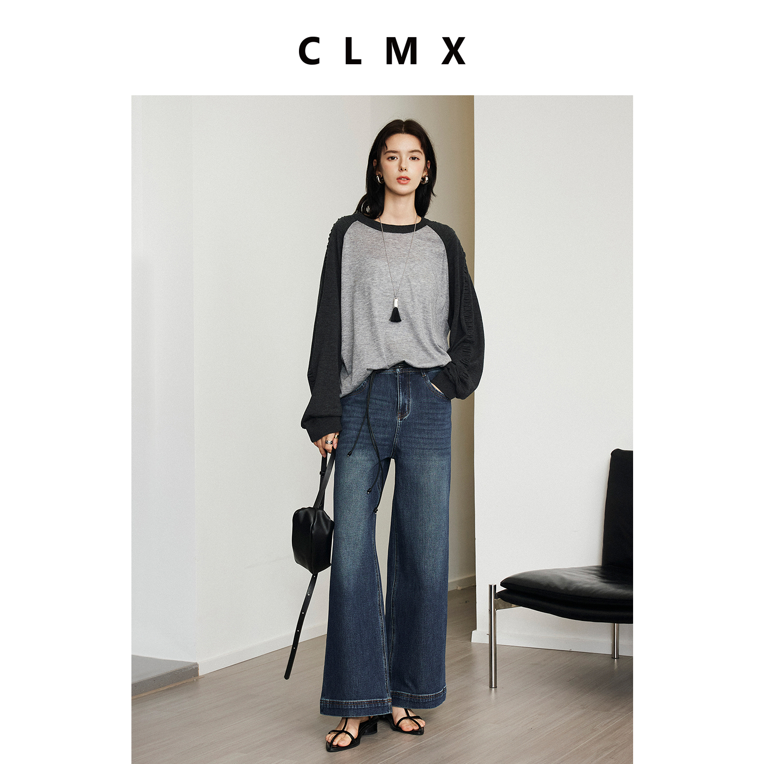 CLMX插肩袖宽松上衣轻柔亲肤细针混纺羊毛纱面料拼色圆领针织衫女