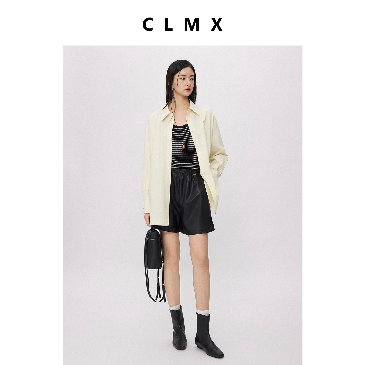 CLMX100%棉衬衫面料触感亲肤经典淡彩色系翻领暗门襟长袖衬衫