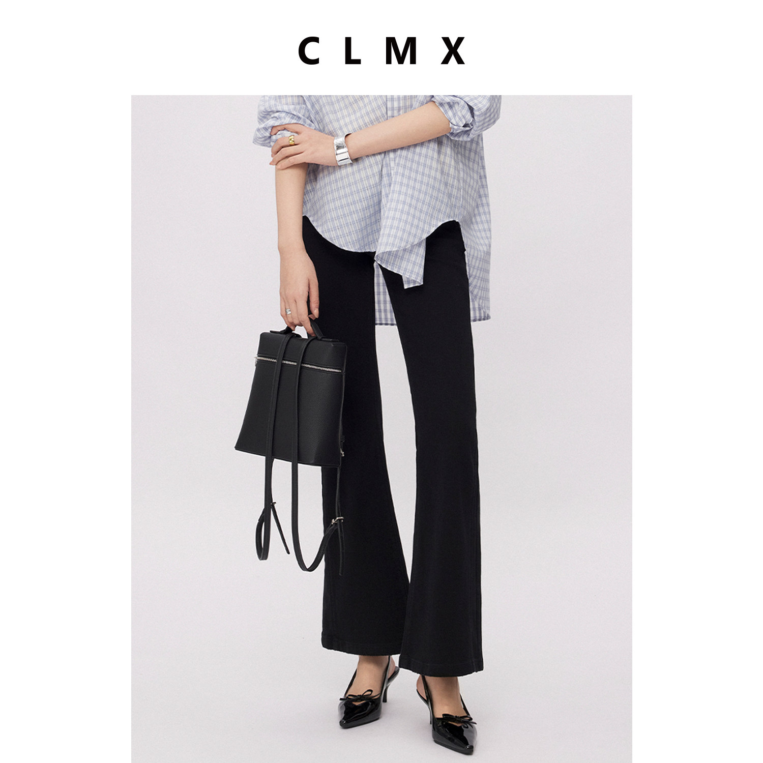 CLMX舒适斜纹四面弹牛仔面料修身贴合曲线博主造型感微喇牛仔长裤