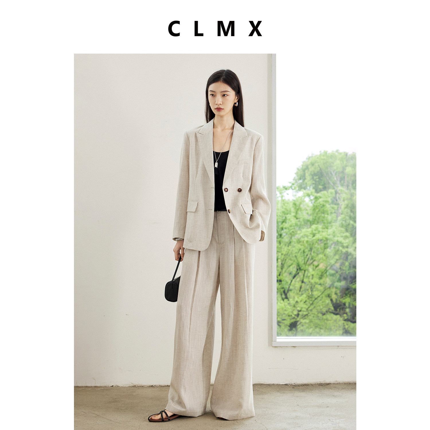 CLMX莱赛尔亚麻老钱风翻领西装上衣女夏季高级阔腿长裤套装配腰带