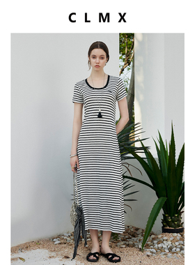 CLMX云柔悬垂粘纤混纺竹节肌理面料 松弛感经典圆领条纹连衣裙