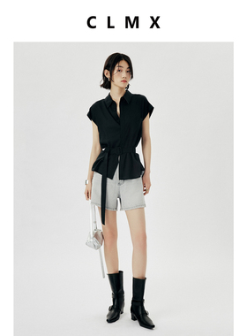 CLMX夏季简约通勤上衣系带亲肤凉爽高密莱赛尔混纺面料衬衫女