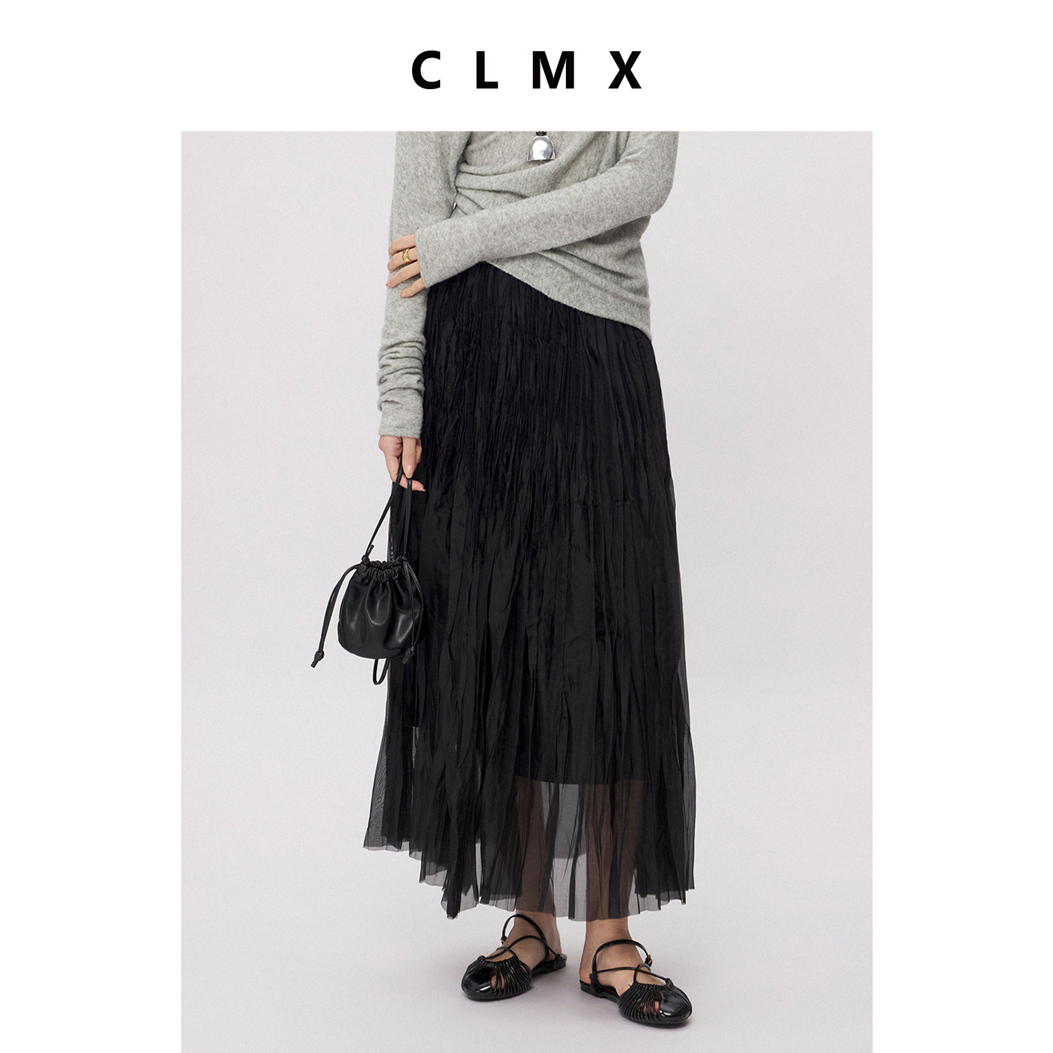 CLMX高温定型压褶布面垂坠干爽打造慵懒度假风艺术感压褶半身裙