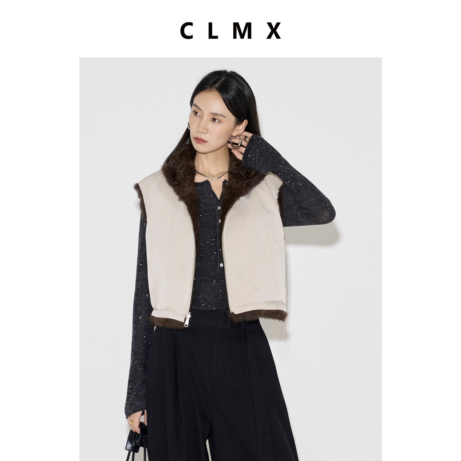 CLMX兔毛皮毛一体马甲毛质柔软蓬松丰润绵软秋冬纯色通勤上衣女