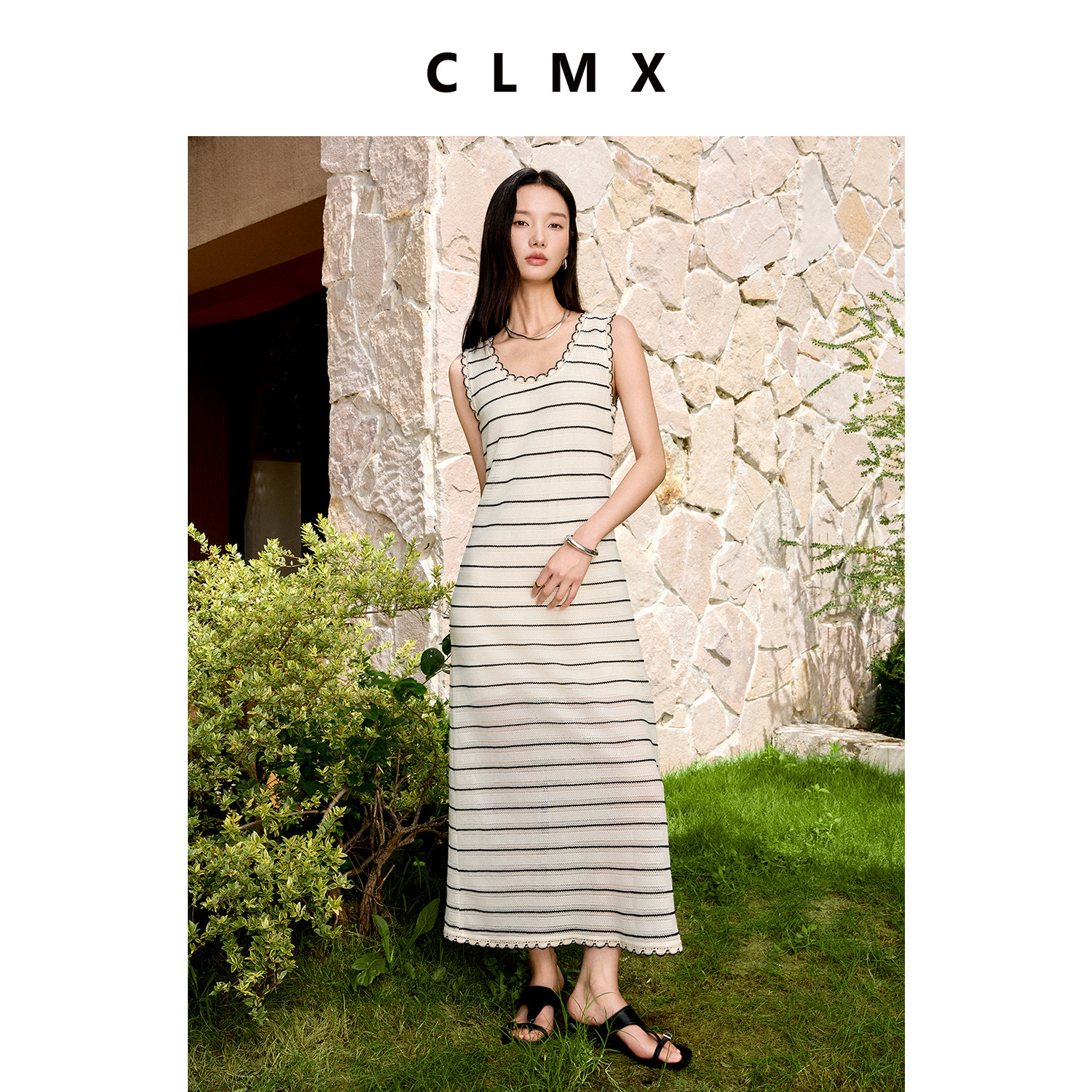 CLMX夏季复古条纹无袖连衣裙
