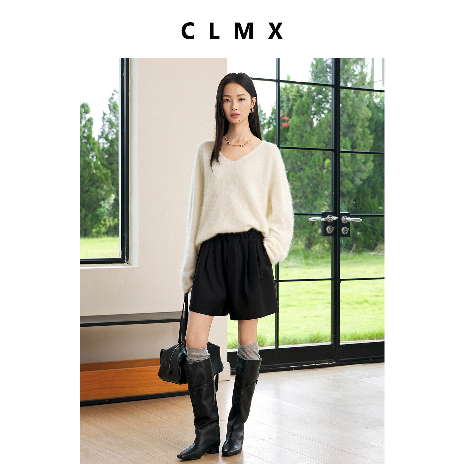 CLMX羊毛桑蚕丝V领针织衫女款