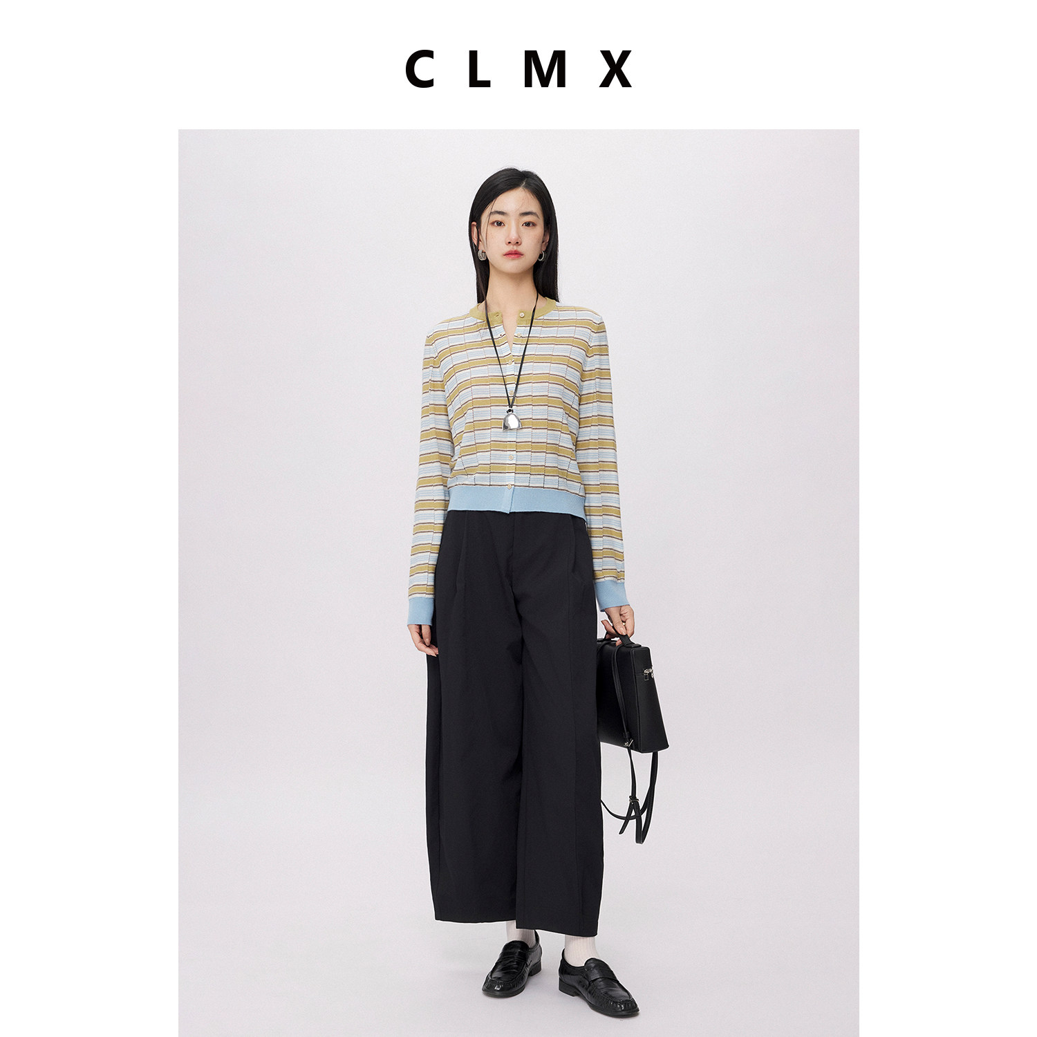 CLMX60支含羊毛混纺条纹长袖针织衫女春季简约圆领正肩开衫上衣