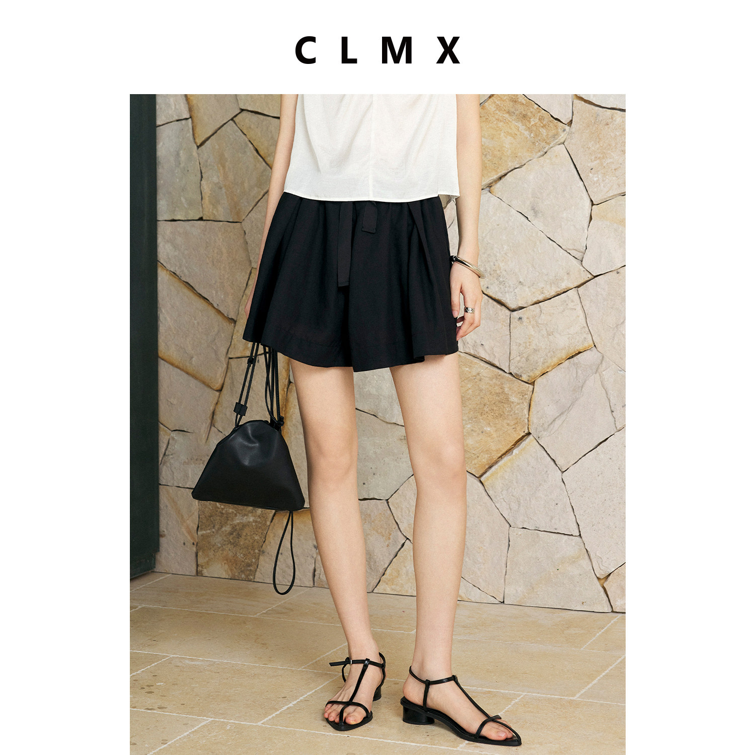 CLMX苎麻飘带松紧腰A字裙裤