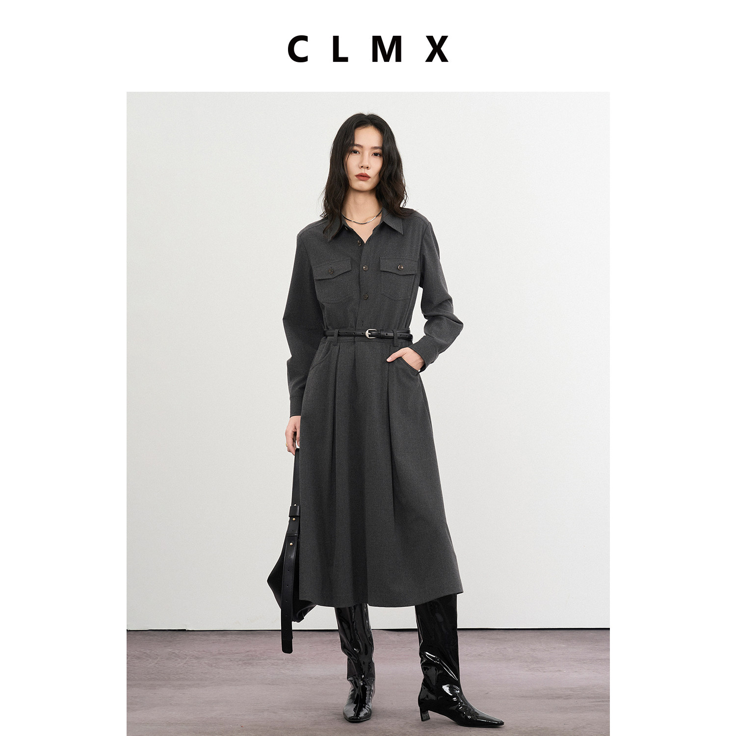CLMX正肩衬衫连衣裙双面磨毛醋纤莫代尔混纺面料秋冬通勤裙子女
