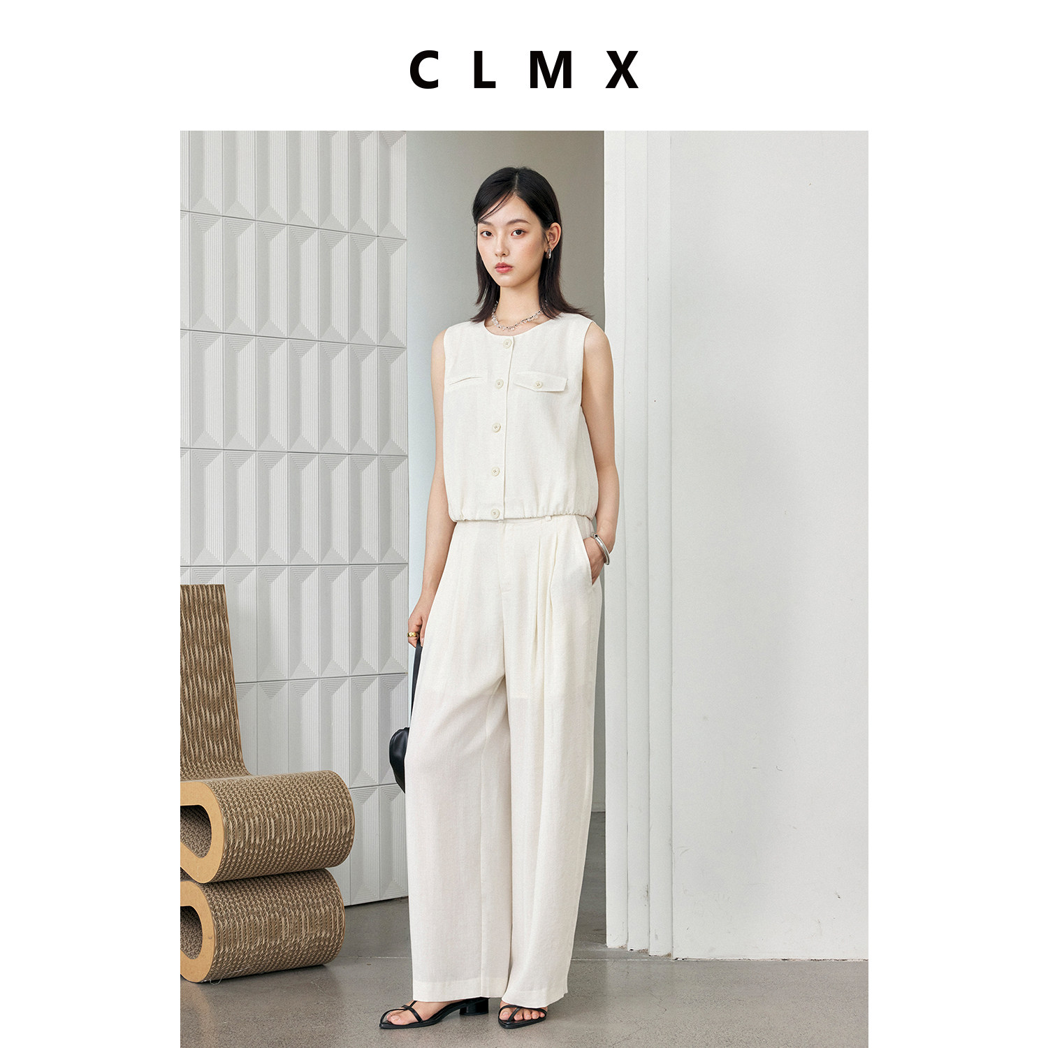 CLMX亚麻无袖上衣直筒裤套装