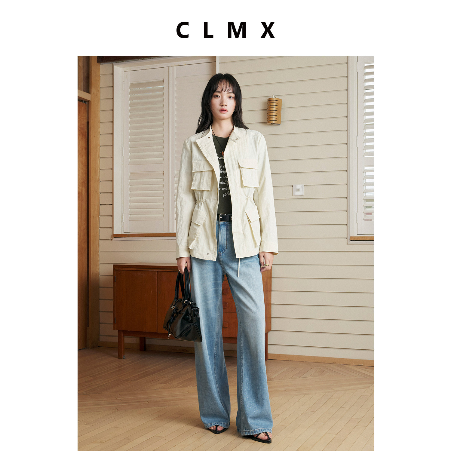 CLMX复古工装贴袋抽绳上衣女春季通勤高级修身正肩休闲夹克外套