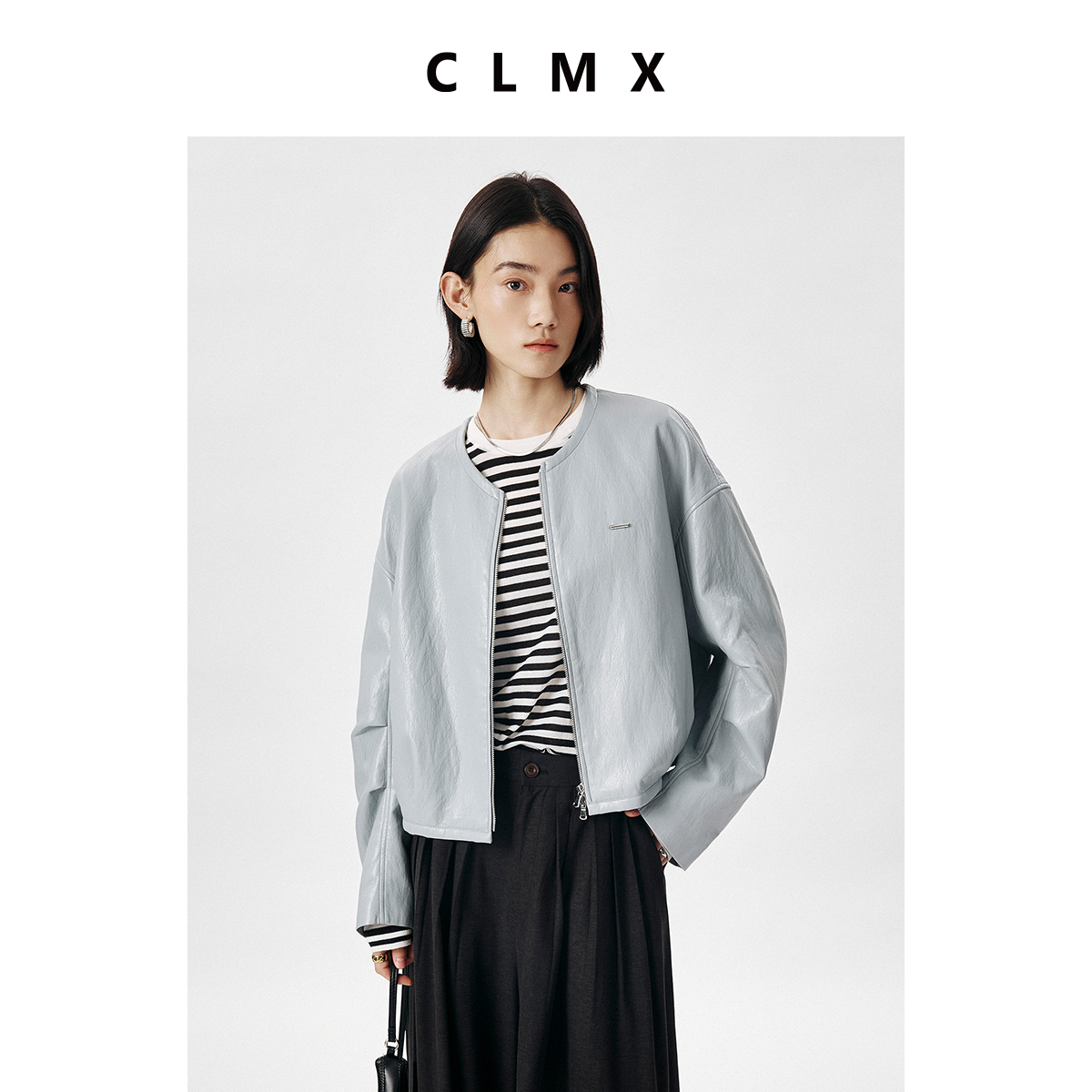 CLMX光泽感真蛋白皮面料 百搭休闲感圆领短箱型圆领夹克