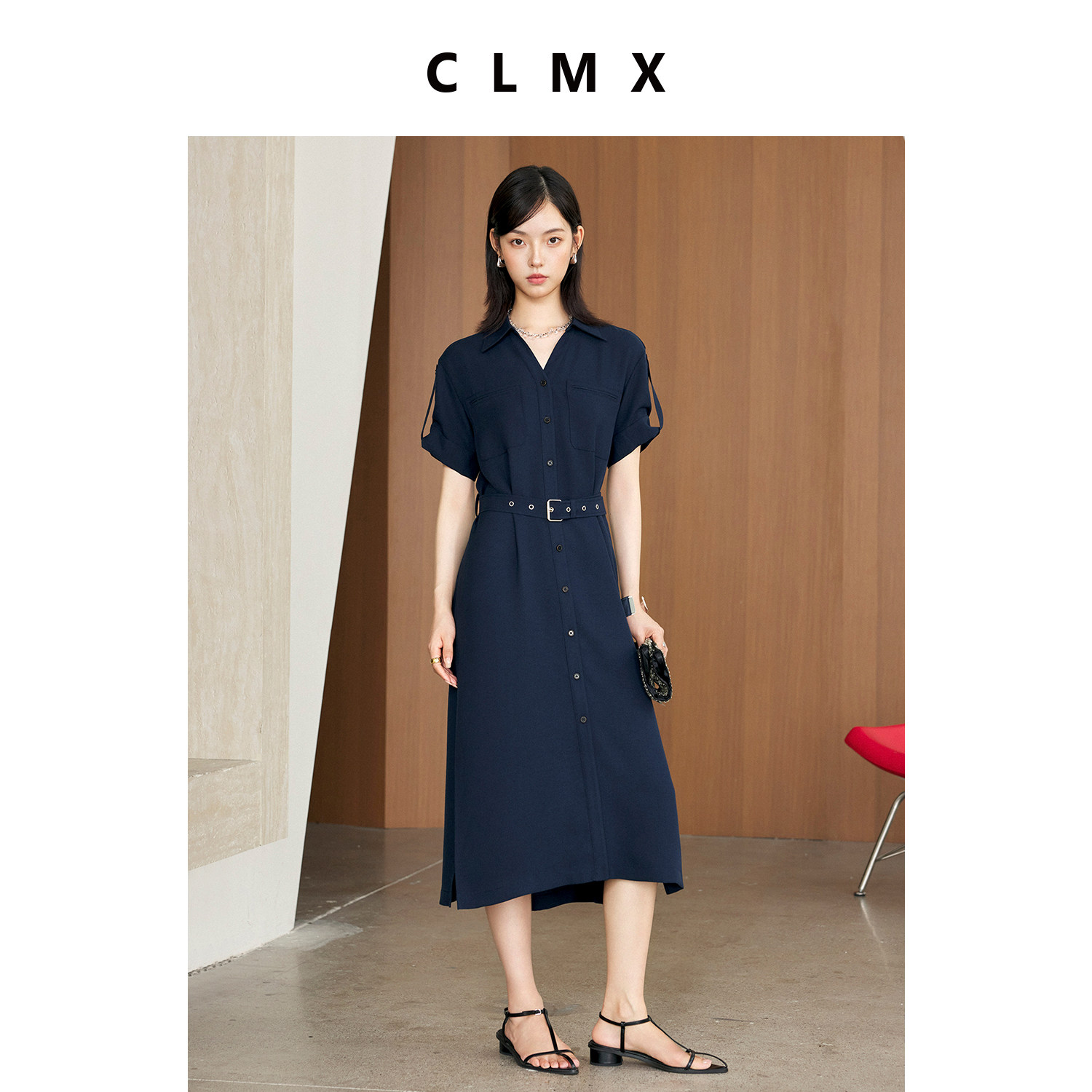 CLMX亚麻法式收腰短袖衬衫裙