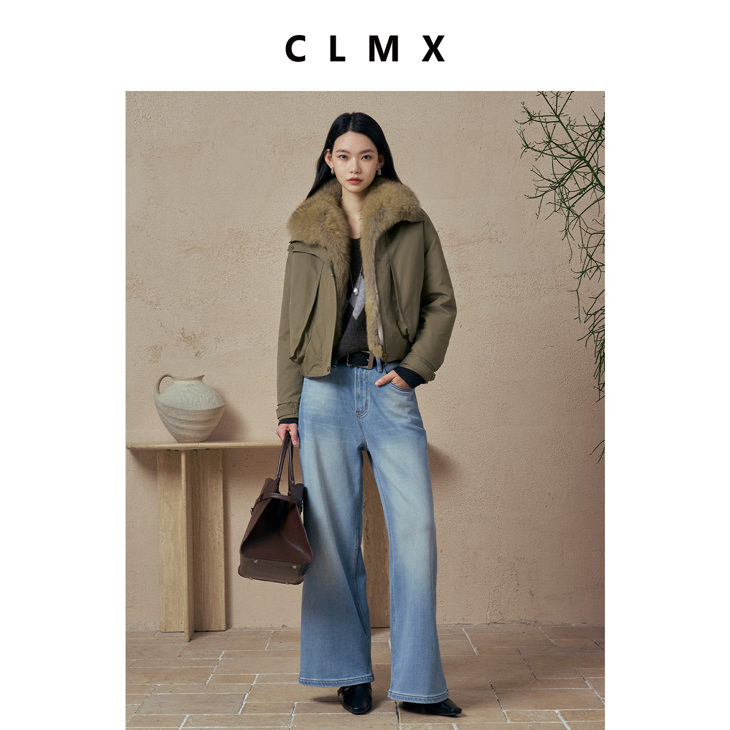 CLMX棉莱赛尔混纺面料外套重磅可拆卸狐狸皮毛领鹅绒派克羽绒服