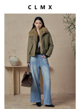 CLMX保暖外套可拆卸狐狸皮毛领鹅绒派克羽绒服