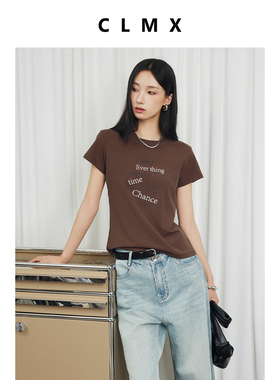 CLMX赛德利莱赛尔棉混纺面料 潮流感双色字母印花圆领短袖T恤