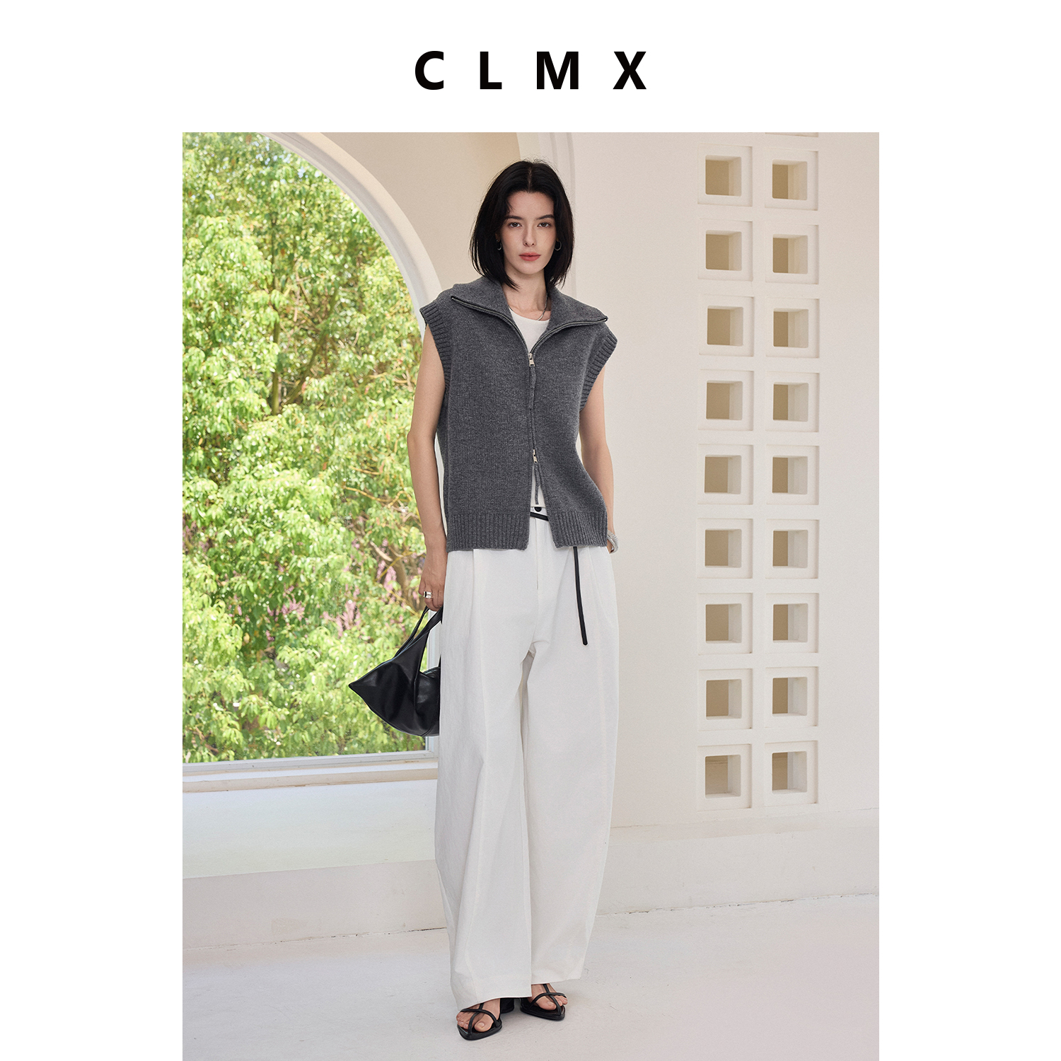 CLMX纯色简约压褶长裤复古设计感侧缝前借宽松镰刀裤女