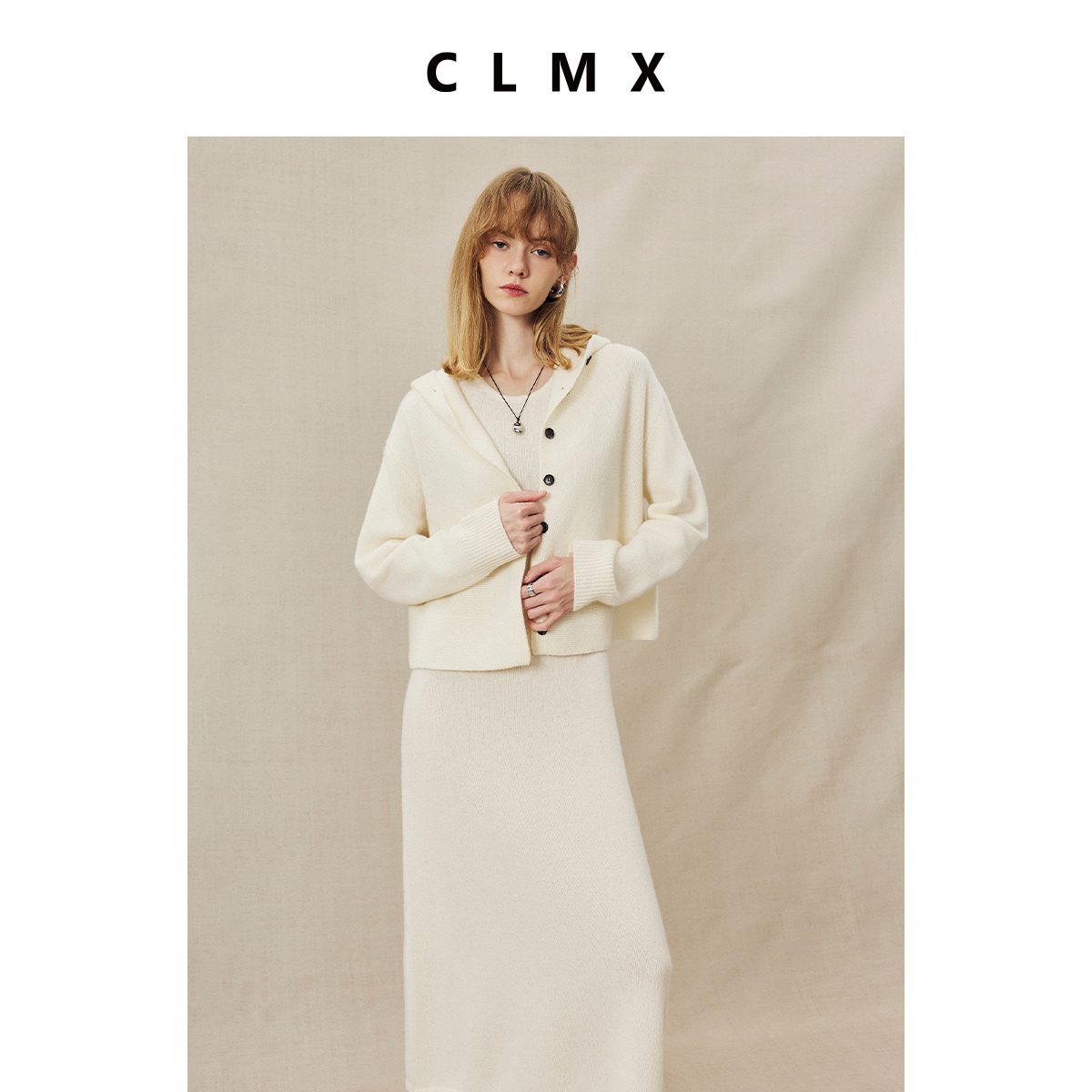 CLMX亲肤羊毛针织面料连帽短款开衫/中长款圆领开衫/连衣裙三件套