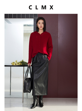 CLMX26支100%绵羊毛纱线精细织造连帽纽扣半开襟套头长袖针织衫女