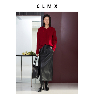 CLMX26支100%绵羊毛纱线精细织造连帽纽扣半开襟套头长袖针织衫女