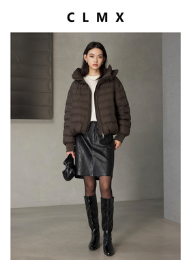 CLMX轻盈微皱肌理哑光锦纶面料抽绳外套显瘦白鸭绒连帽羽绒服