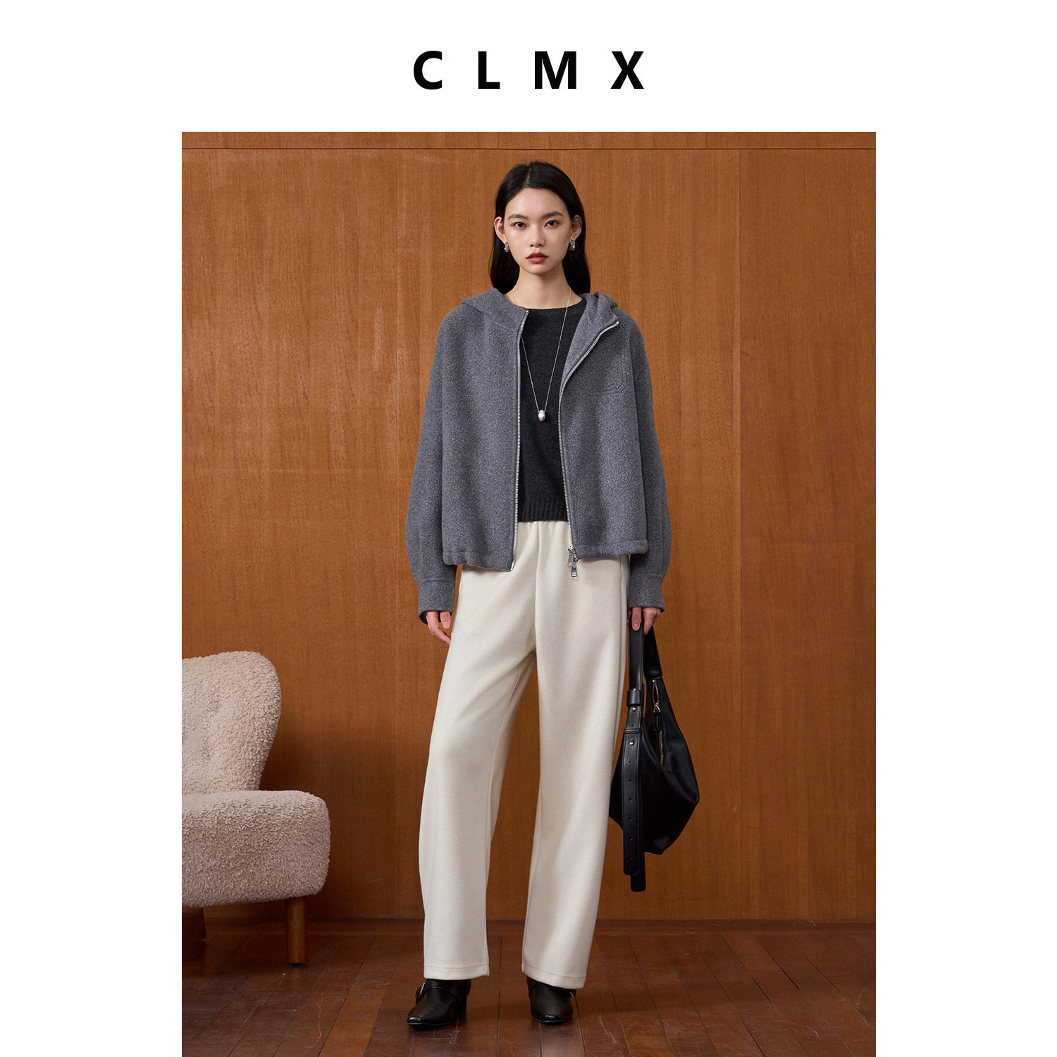 CLMX休闲立体连帽双开拉链双面呢外套羊毛羊绒莱赛尔秋冬纯色上衣