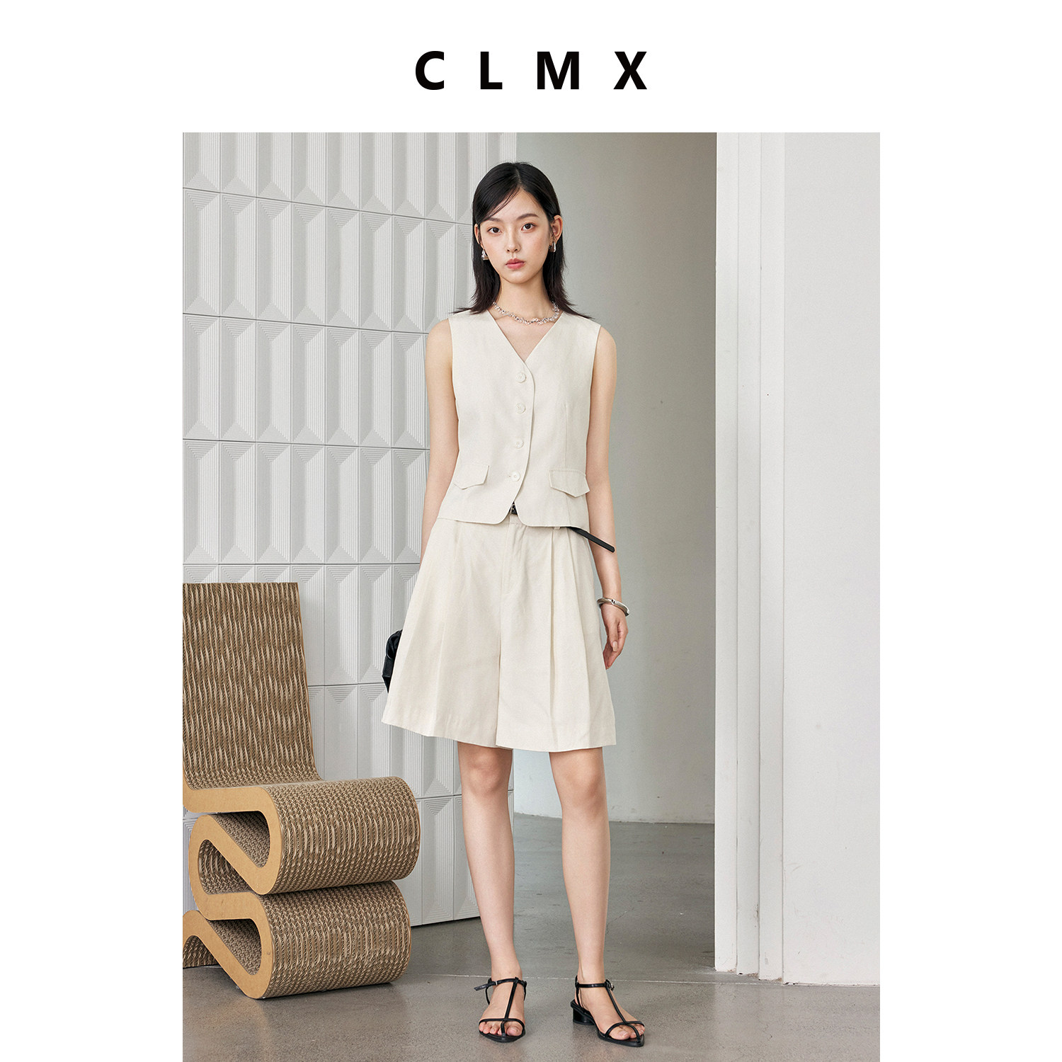 CLMX亚麻夏季女马甲阔腿套装