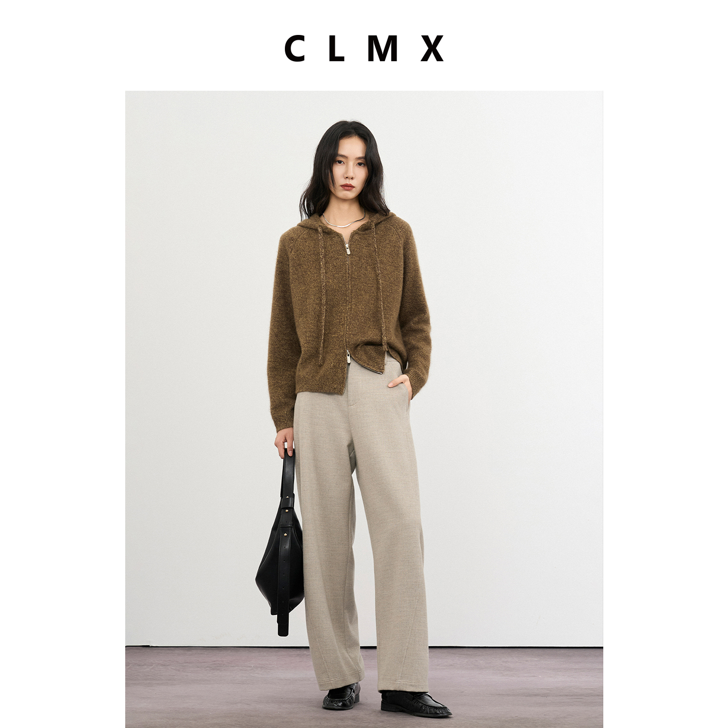 CLMX复古花纱休闲连帽长袖针织开衫亲肤羊毛混纺花纱纱线秋冬上衣