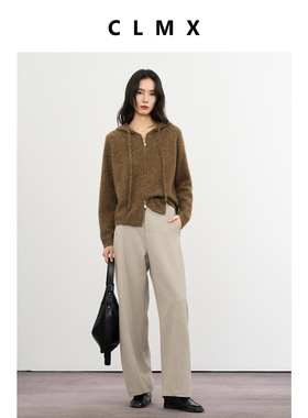 CLMX复古花纱休闲连帽长袖针织开衫亲肤羊毛混纺花纱纱线秋冬上衣