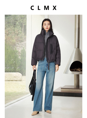 CLMX白鸭绒亲肤舒适高保暖时髦立领装饰扣双拉链短款羽绒服外套