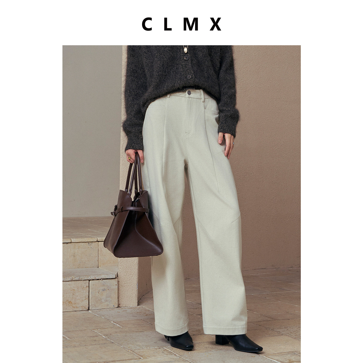 CLMX粗斜纹水洗棉面料时装感显瘦显高宽松窄脚香蕉直筒长裤