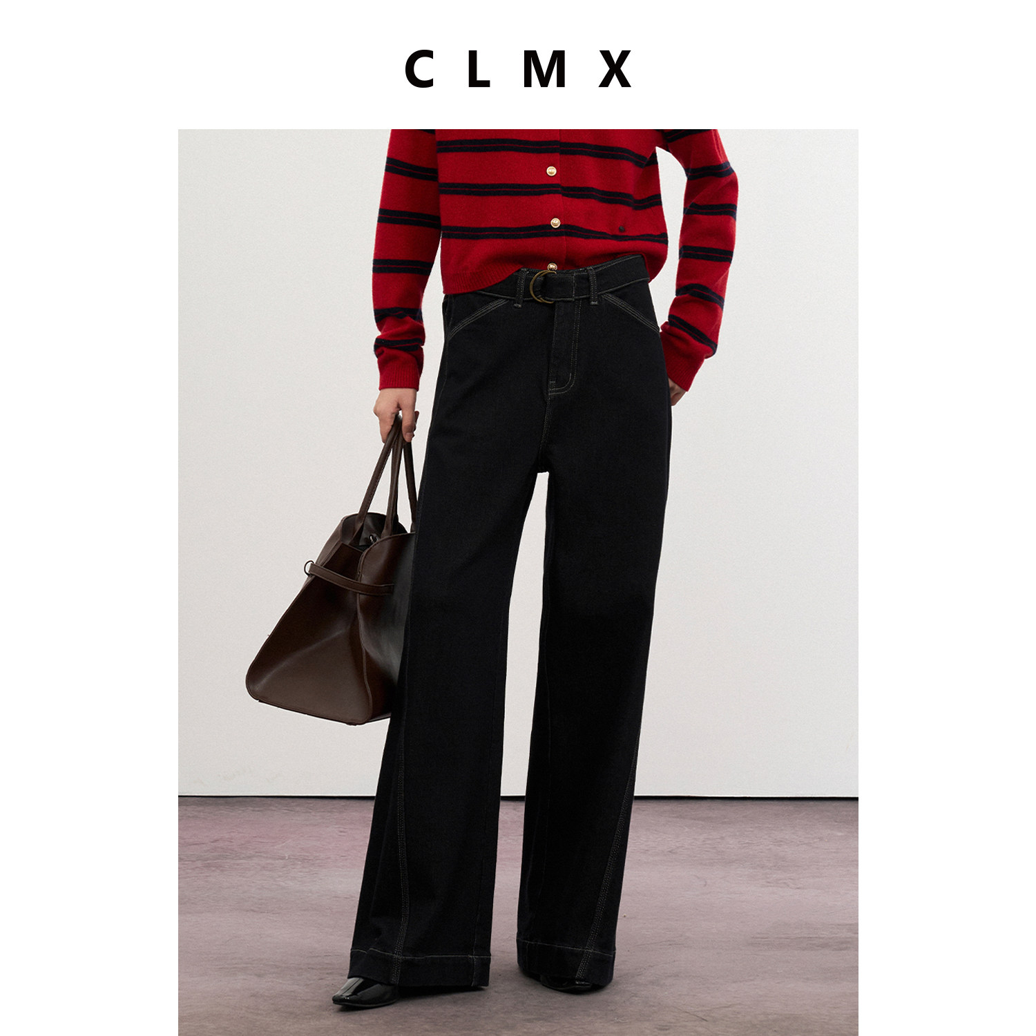 CLMX造型感D字扣腰带宽松阔腿牛仔裤加厚抓绒棉混纺面料秋冬长裤