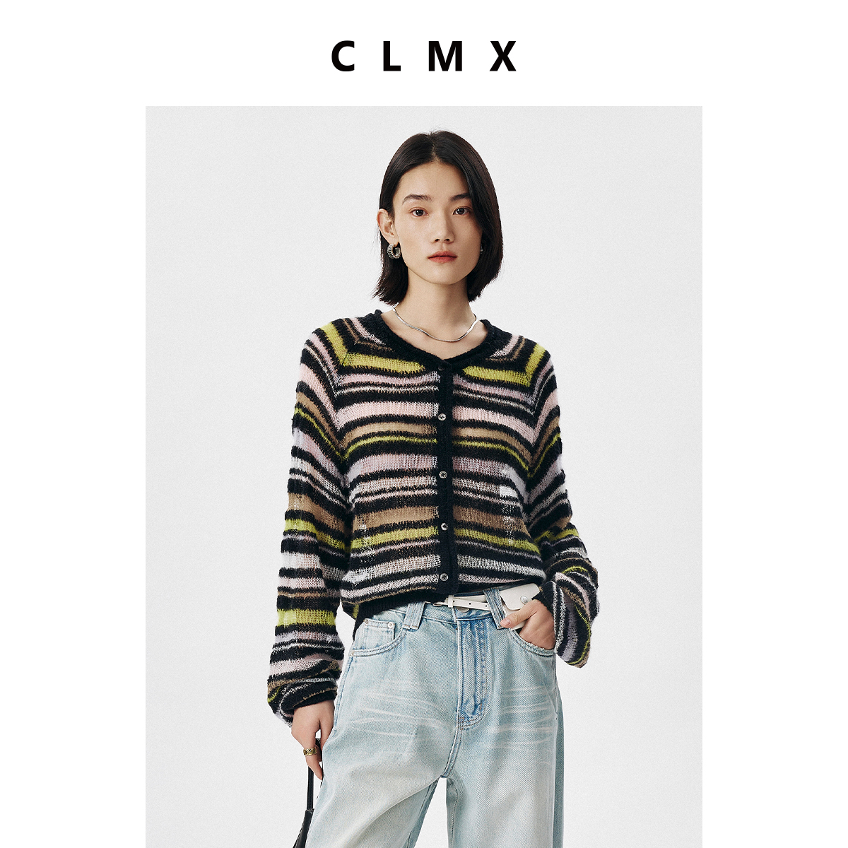 CLMX亲肤不扎羊毛马海毛卷边领气质修饰天鹅颈微透圆领条纹开衫