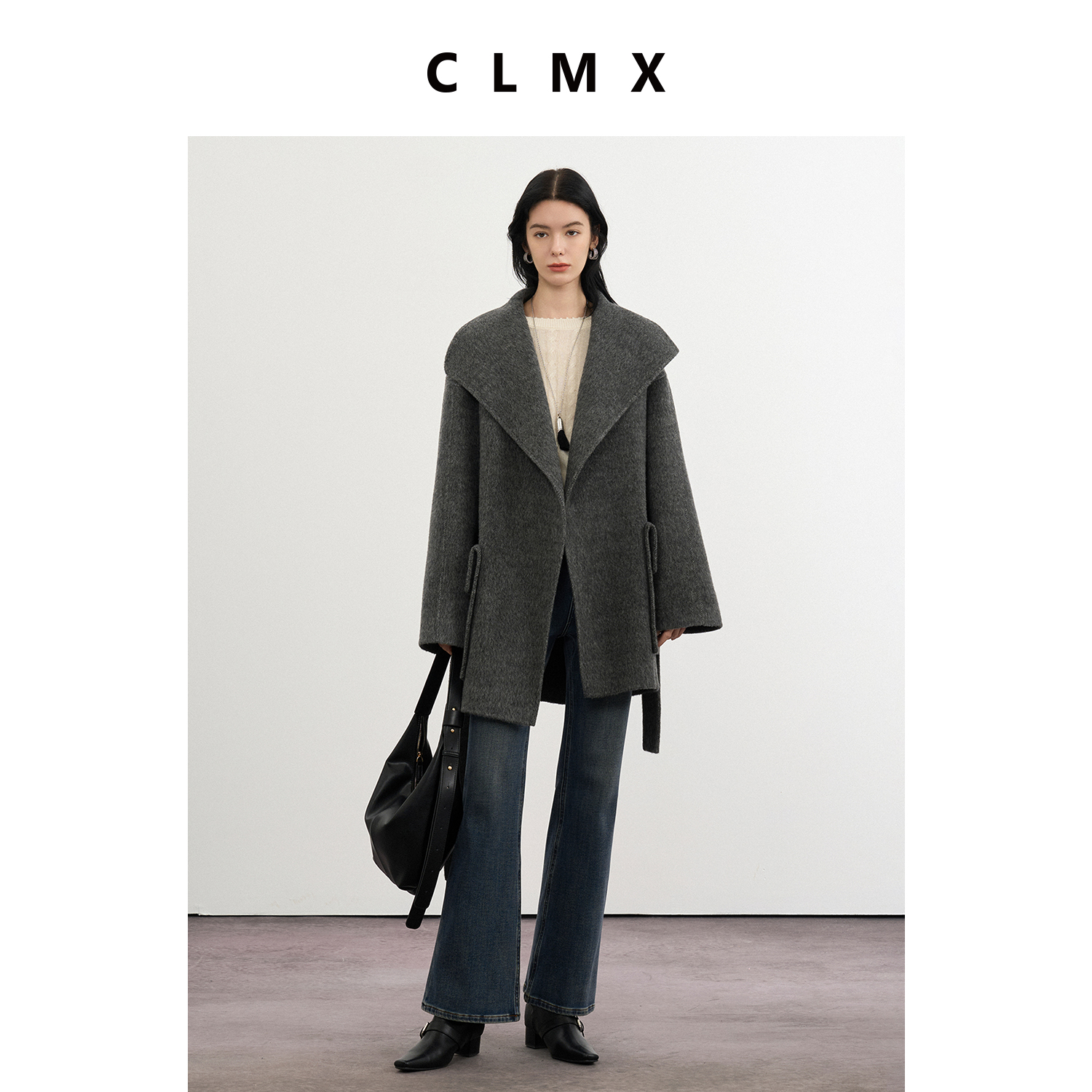 CLMX翻领大贴袋双面呢外套桑蚕丝牦牛绒面料秋冬通勤外套上衣女